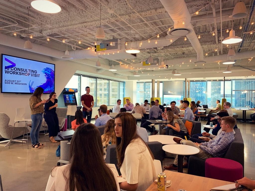 Kelley Consulting Workshop members meeting with CW alum Michael Kokot & colleagues at Accenture on the August 2019 Chicago Trip