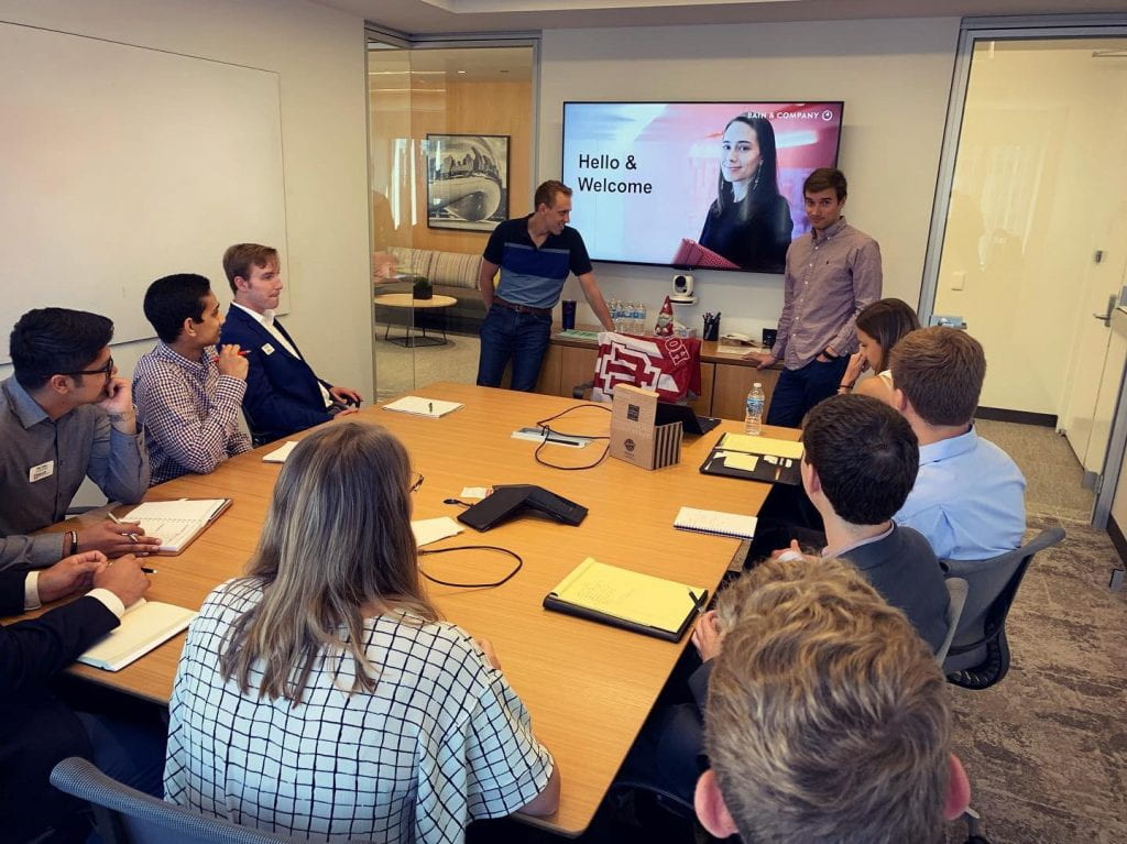 Kelley Consulting Workshop members meeting with CW alums Alex Mestre and Scott Munson at Bain on the August 2019 Chicago Trip
