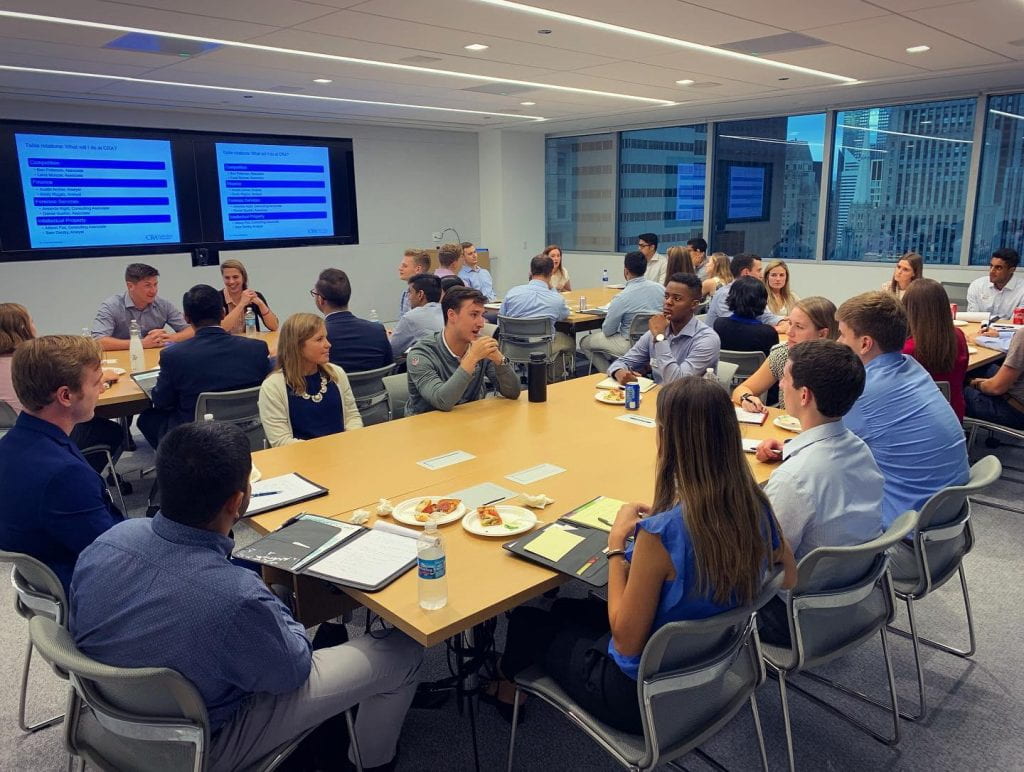 Kelley Consulting Workshop members visiting Charles River Associates on the August 2019 Chicago Trip