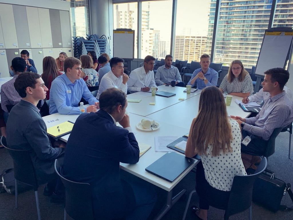 Kelley Consulting Workshop members meeting with CW alums Tanner Snider & Jalen Walker at McKinsey on the August 2019 Chicago Trip